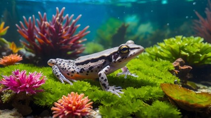 Playful African Clawed Frog Swimming Among Vibrant Aquatic Plants