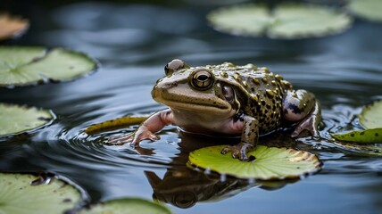 African Clawed Frog Leaping Between Lily Pads in a Serene Pond