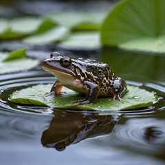 Graceful African Clawed Frog Hopping Across Lily Pads in a Peaceful Pond