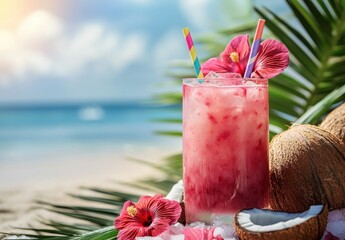 Refreshing Tropical Cocktail with Hibiscus Flowers on Sandy Beach Against a Serene Ocean Background in Warm Sunlight