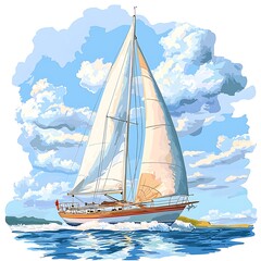 Fototapeta premium Sailboat Gracefully Sailing on a Sunny Day. A picturesque illustration of a yacht navigating the ocean under a vibrant sky.