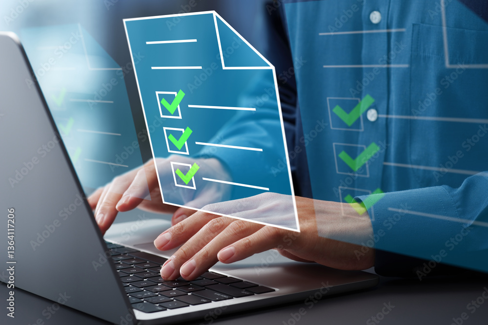Poster Legal document management and preparation. File icons and checkmark. Compliance system. Hands typing on laptop computer keyboard. Businessman working at desk in office.