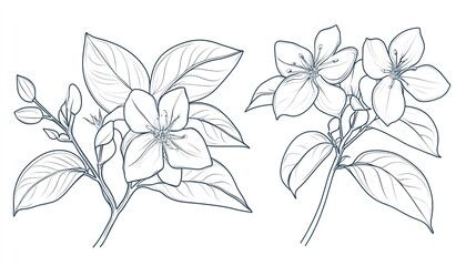  Elegant Jasmine Flower and Leaf Vector Illustration with Line Art on White Background