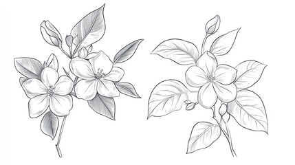 Fototapeta premium Elegant Jasmine Flower and Leaf Vector Illustration with Line Art on White Background