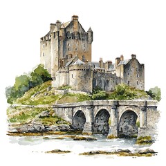 Obraz premium Majestic Castle and Stone Bridge A Watercolor Painting of a Historic Landmark.