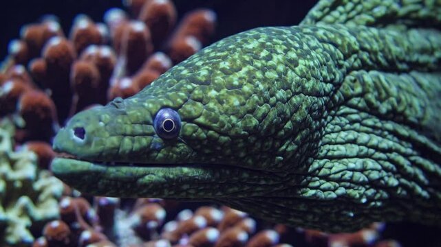 Green moray eel with textured skin near coral reef. Underwater lighting. Deep sea setting. Marine life, ocean habitat, exotic sea creatures.