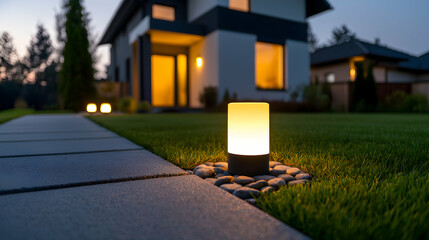 Warm Yellow Pathway Lights Illuminating Modern Home Exterior at Night