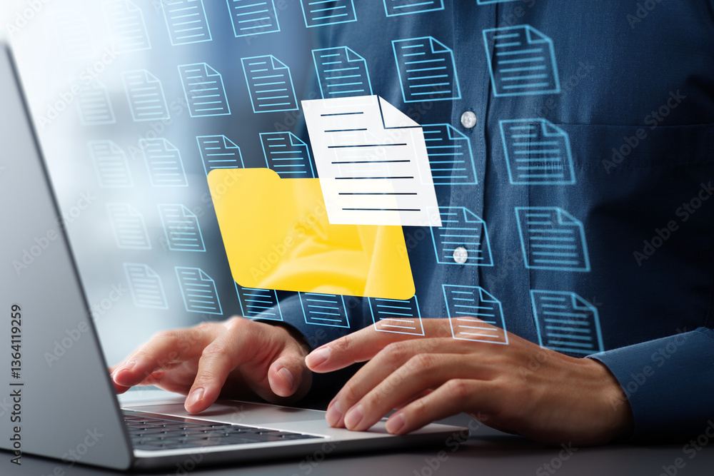 Poster Document management system DMS and archival storage. Folder icon and file icons. Businessman using laptop computer for saving and retrieving digital documents.