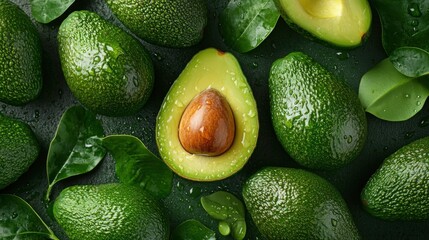 A bunch of avocados with one open