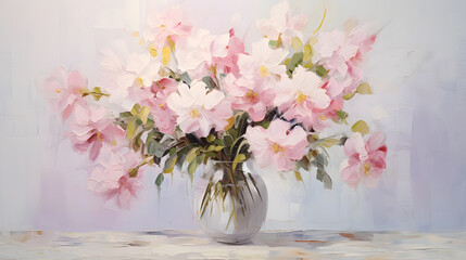 Fototapeta premium a pink flower arrangement on top of a white table