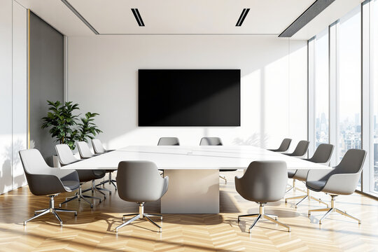 Spacious conference room with a large white table, gray chairs, and a wall-mounted screen in a bright office interior with city views. Ai generative