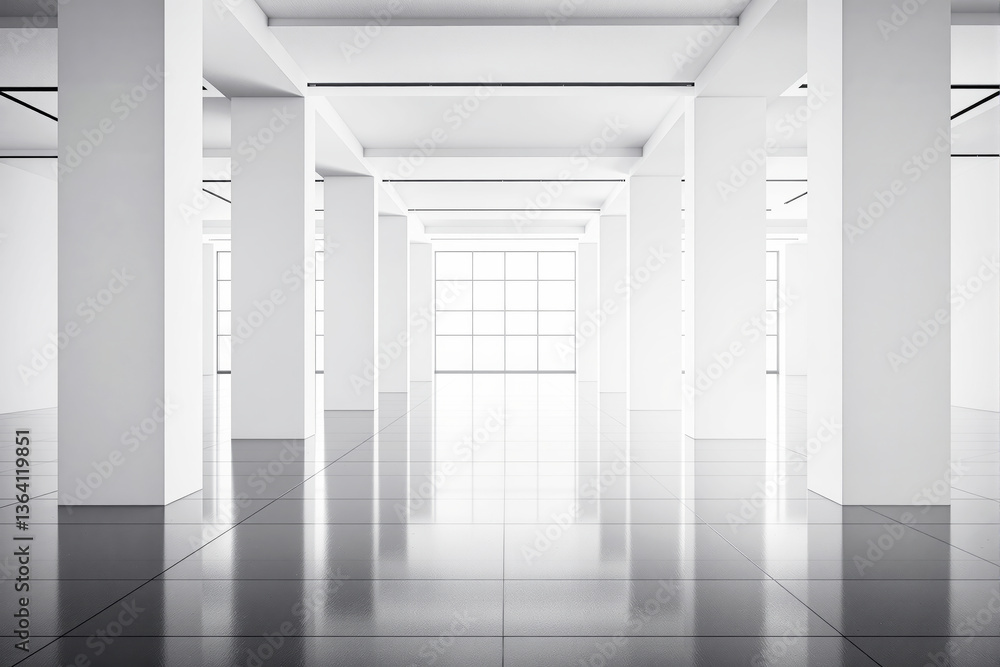 Poster spacious minimalist interior with white columns and reflective tiled floor, featuring modern archite