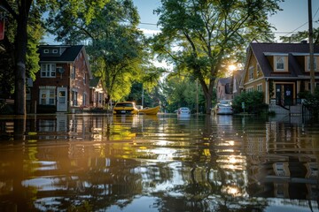 Obraz premium A flooded street scene with houses and vehicles partially submerged, illuminated by sunlight filtering through the trees.