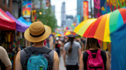 Obraz premium Colorful Street Festival with Vibrant Umbrellas and Festival Goers in Urban Setting
