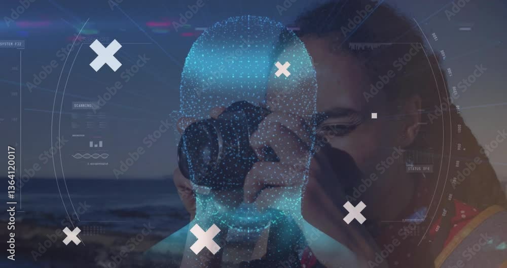 Poster taking photo, person with animation of data and geometric shapes in background
