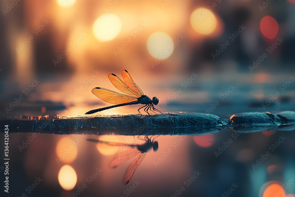 Poster dragonfly at water's edge with reflective bokeh background image