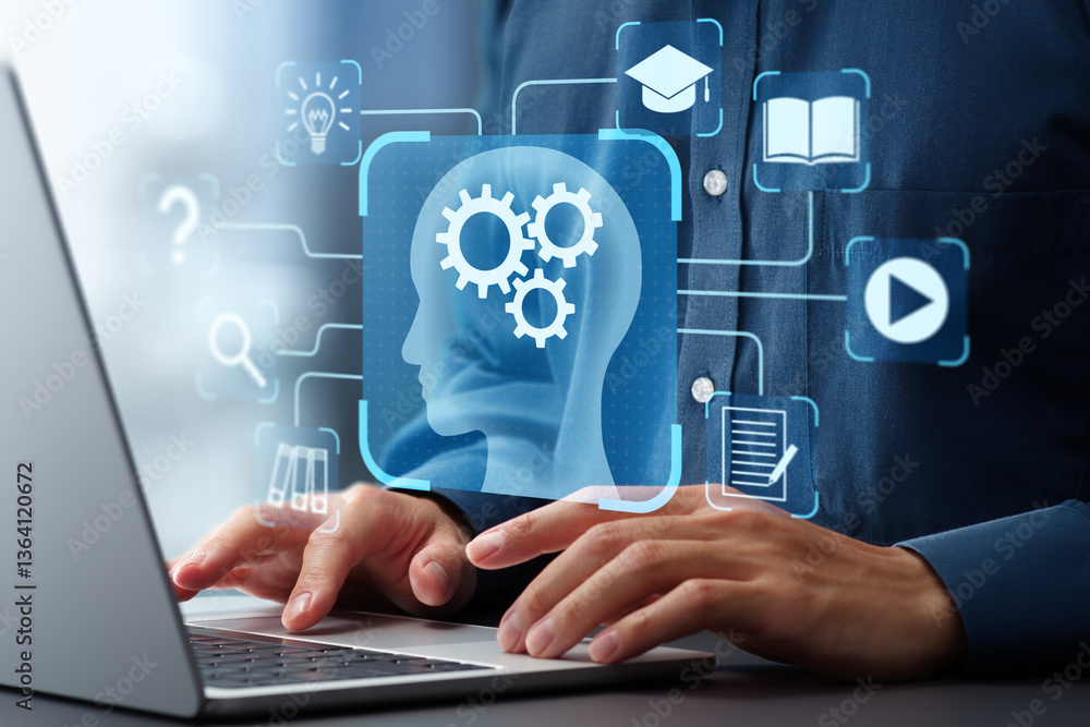 Aufkleber E-learning and online education systems. Online training programs and personalized learning. Man using laptop computer to learn with digital educational content.