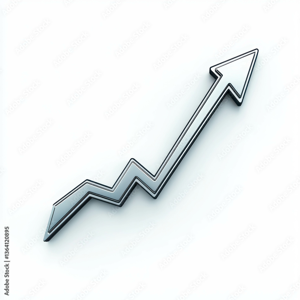 Poster metallic arrow pointing upward with sharp angles and clean edges on a white background