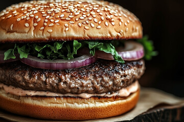 Food Photography of a Hamburger on a Wooden Table, Evening Atmosphere