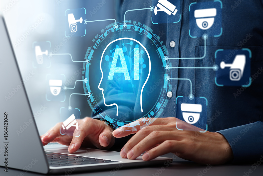 Fototapete AI security cameras and surveillance systems. Artificial intelligence driven real time analytics and detection. Engineer developing automated monitoring system with machine learning.