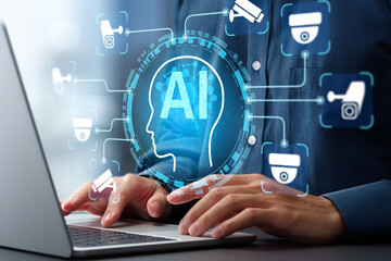 AI security cameras and surveillance systems. Artificial intelligence driven real time analytics and detection. Engineer developing automated monitoring system with machine learning.