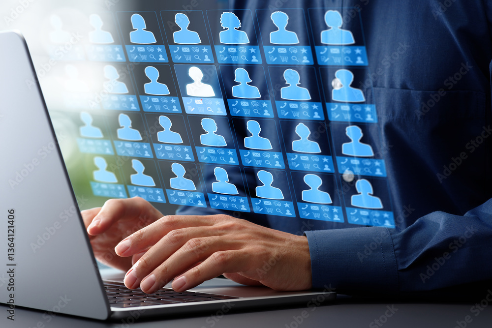 Poster Customer management system CMS and information database. Accessing client data collection system. Businessman typing on laptop computer keyboard at desk in office.