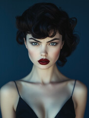 Fototapeta premium Woman with a red lip and a black tank top. The woman has a very pretty face and a nice smile