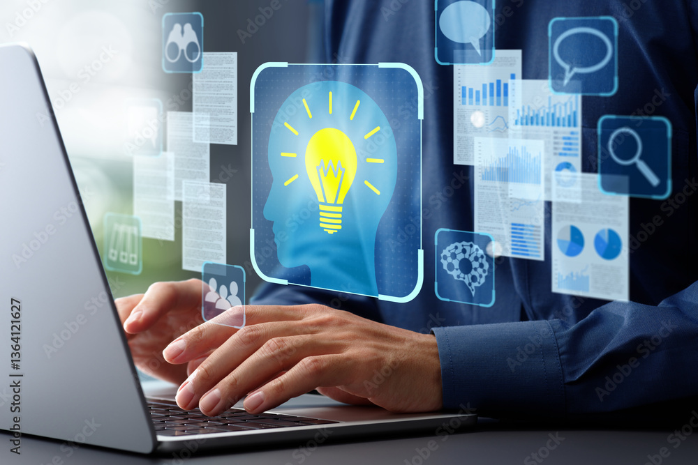 Poster Knowledge and information management. AI-driven automated knowledge discovery systems. Businessman using laptop computer to manage document and knowledge.