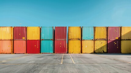 Fototapeta premium Logistic port facility with cargo containers stacked on dock. minimalist.