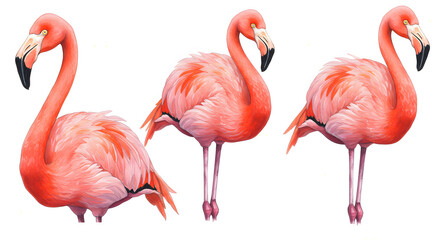 Fototapeta premium A detailed illustration of three flamingos in varying postures