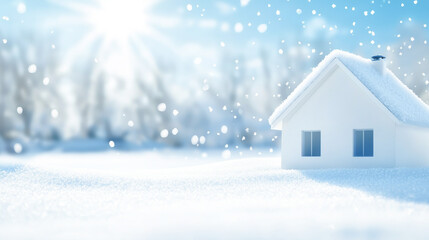 Fototapeta premium A serene winter landscape featuring a snowy house under bright sunlight.