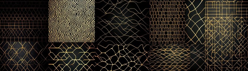 A captivating arrangement of shimmering golden lines and intricate patterns gracefully intertwine against a deep black background, creating a striking contrast that exudes elegance and sophistication.