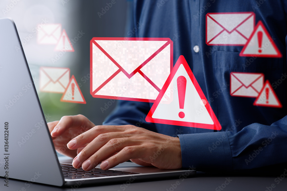 Leinwandbilder Spoofed emails and phishing scams with malicious attachments. Email and warning icons with exclamation marks. Man using laptop computer to check and respond to emails.