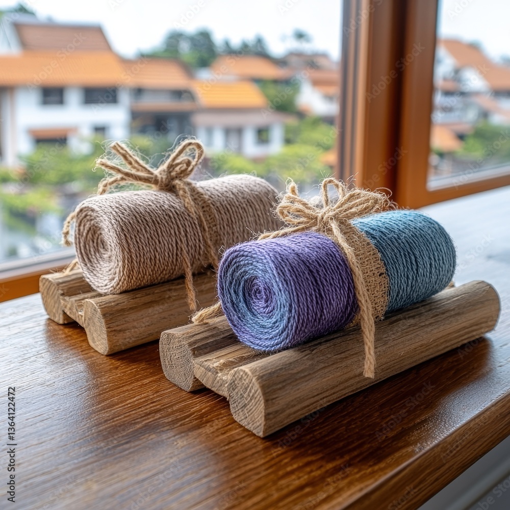 Aufkleber multiple bundles of twine arranged neatly together in a rustic setting for crafting and practical us