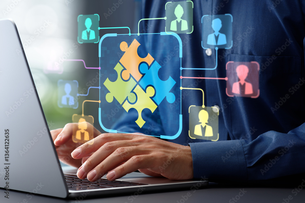 Poster Team collaboration platform and knowledge sharing solutions. Discussion forums for project management. Businessman using laptop computer for messaging team.