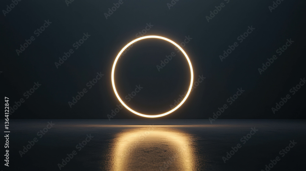 Poster glowing circle display on dark surface with reflective background for artistic concepts