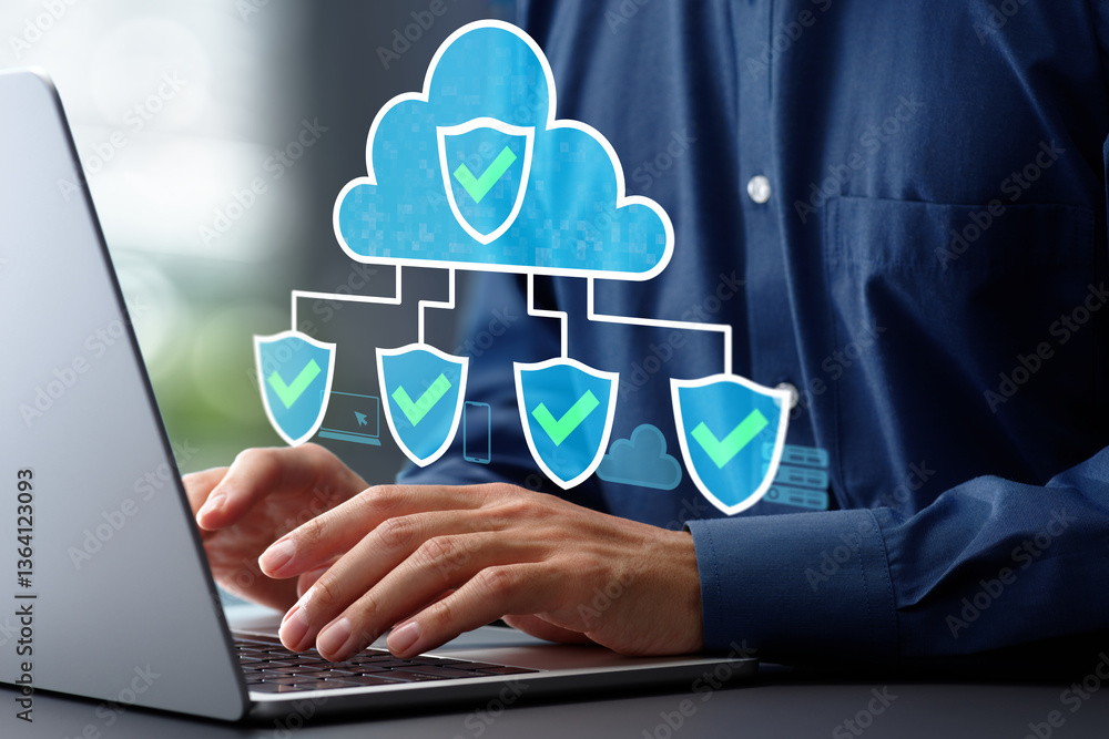 Aufkleber Secure access service edge SASE and cloud security. Network security and access control through zero trust security. Businessman using laptop computer with user authentication.