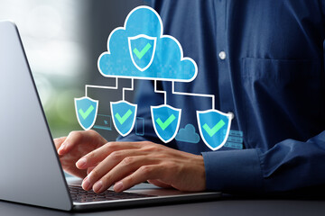 Secure access service edge SASE and cloud security. Network security and access control through zero trust security. Businessman using laptop computer with user authentication.