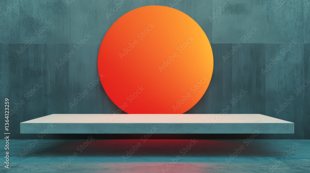 Poster a vibrant orange circle hover above a minimalist platform in a modern space.