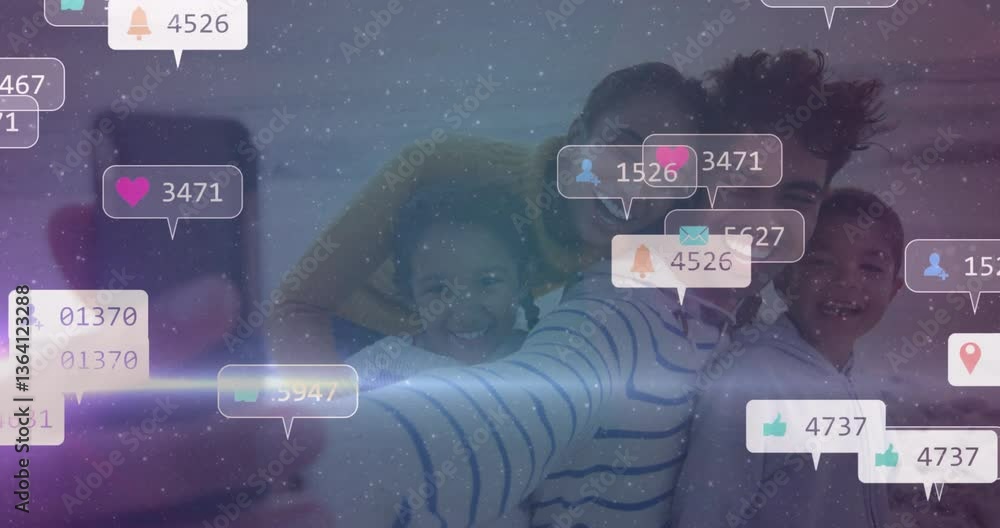 Poster smiling friends taking selfie with social media notifications overlay animation