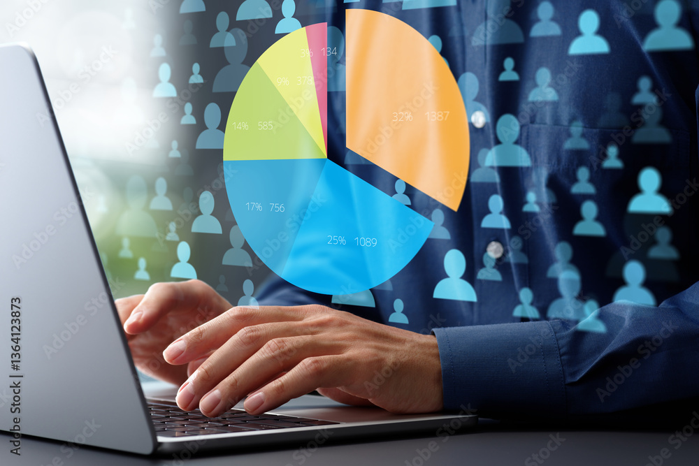 Fototapete Customer segmentation analytics and target market research. Statistical marketing strategy and analysis of customer data. Circle graph and people icons. Marketer using laptop computer to analyze data.