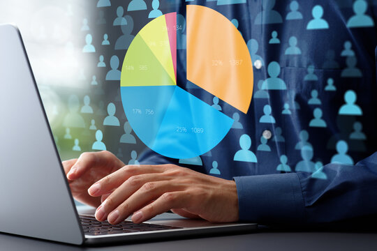 Customer segmentation analytics and target market research. Statistical marketing strategy and analysis of customer data. Circle graph and people icons. Marketer using laptop computer to analyze data.