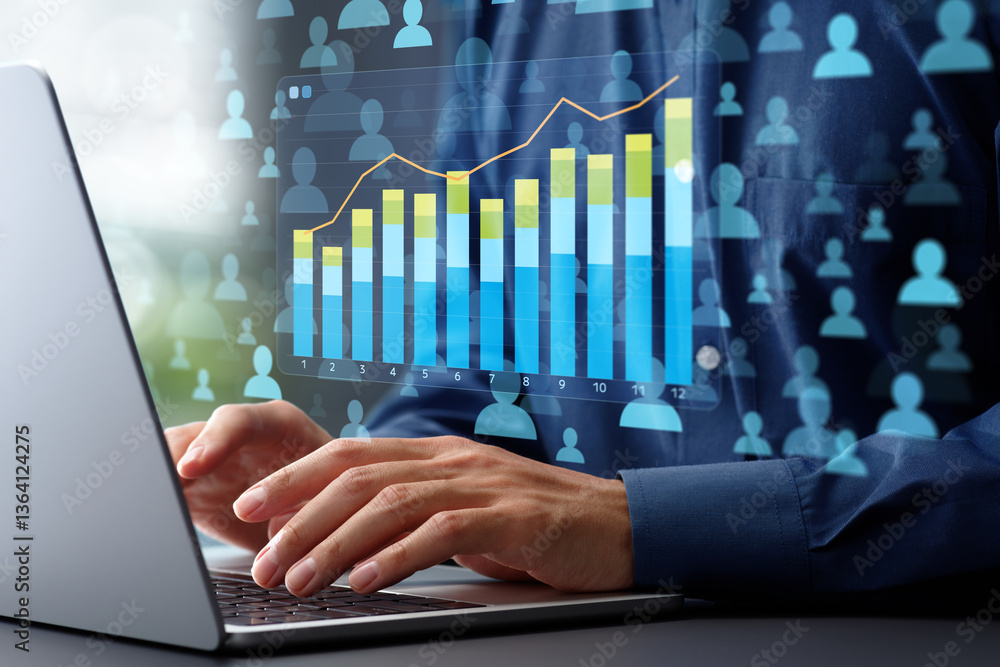 Poster Web analytics and statistical marketing strategy. Page view and conversion rate graph and customer icons. Analyst using laptop computer to analyze data.