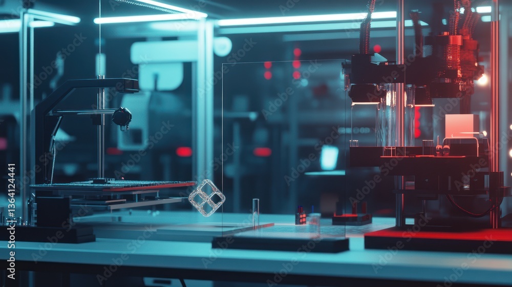 Poster advanced 3d printing laboratory with complex machines and red illumination in dark
