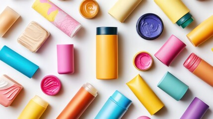 Colorful Collection of Cosmetic Bottles and Cream Containers on White