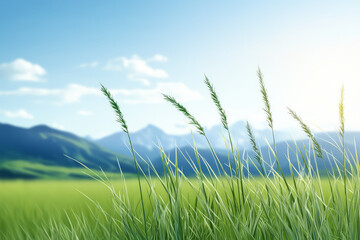 Lush green grass swaying gently under a bright blue sky with distant mountains.