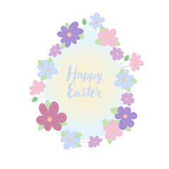 Vector illustration of an Easter egg shaped floral frame with pastel flowers and leaves. Designed in soft color palette with gentle gradient. For greeting cards, invitations and holiday decorations