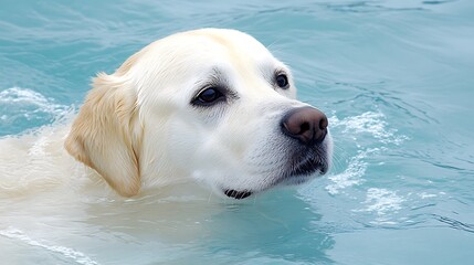 Yellow Labrador Retriever swimming in blue water.