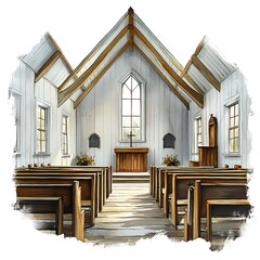 Tranquil Church Interior A Serene Artistic Depiction of a Rustic Chapel.