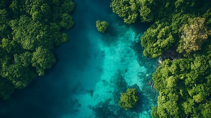 Aerial view of beautiful tropical island with turquoise water and forest
